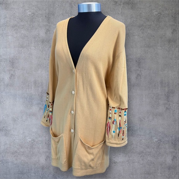 Bob Mackie Wearable Art Beige Dreamcatcher Embroidered Cardigan‎ Sweater Size 3X - Picture 3 of 10